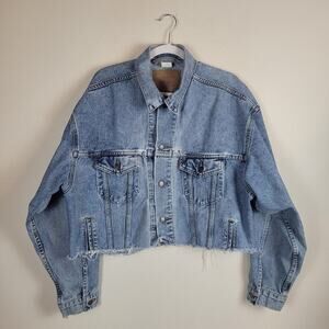 Vintage Levi's Trucker Jacket Blue Denim Large Crop Raw Hem Distressed 90s DIY